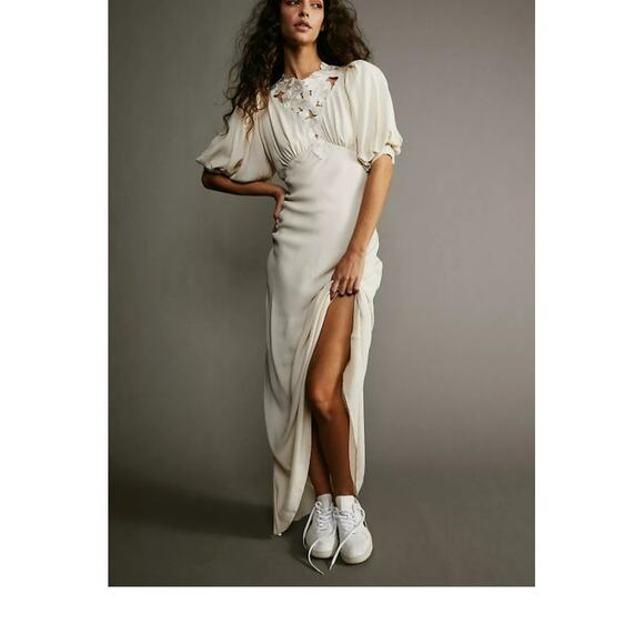 Magali Pascal Free People Maxi Beige Embroidered Puff Sleeve Grace Dress L NWT - Picture 1 of 8